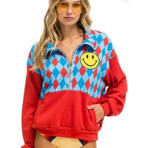 Aviator Nation Red & Light Blue Argyle Half-Zip Smiley Sweatshirt